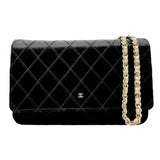 CHANEL Chain Wallet Satin Leather Black x Gold Women's z2441