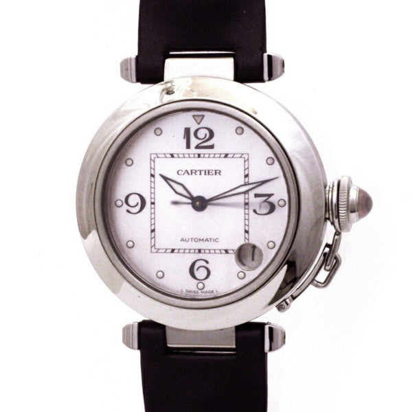 Cartier watch Pasha gray silver pink shell 2324 ladies leather SS automatic overhauled 35mm winding round crown cap