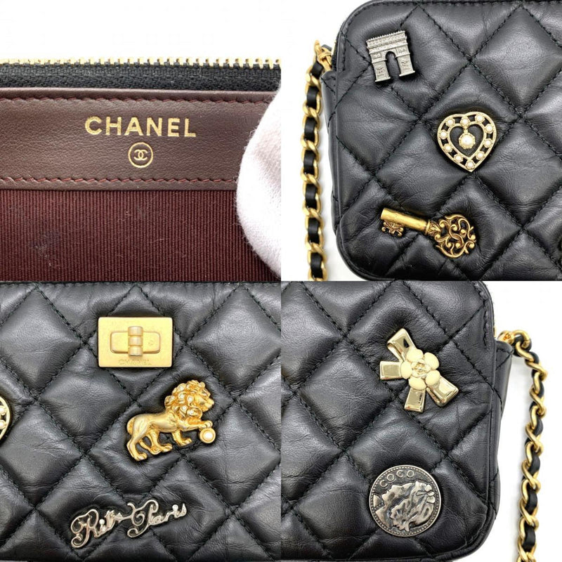 CHANEL Chanel 2.55 Chain Wallet Matelasse Lucky Charm Heart Key Ribbon Arc de Triomphe Lion Lambskin Black Women's