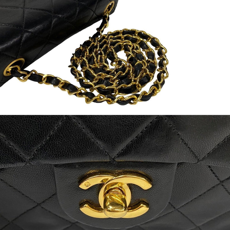 CHANEL Matelasse Lambskin 17cm Leather Chain Shoulder Bag Black 12868