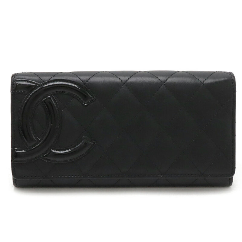 CHANEL Cambon Line Coco Mark Bi-fold Long Wallet Soft Calf Leather Enamel Black Pink A50077