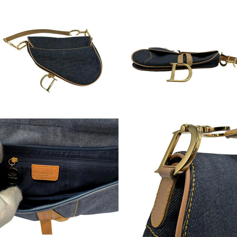 Christian Dior Shoulder Bag Saddle Denim Leather Navy x Beige Women's n0009