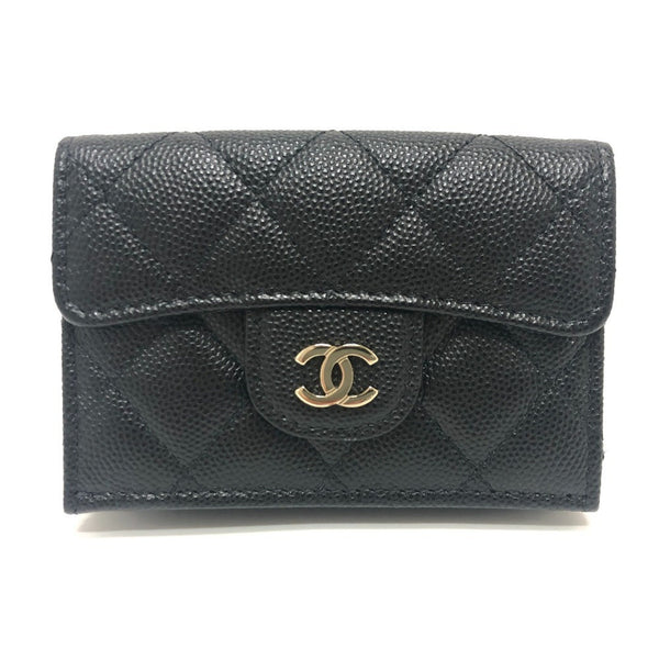 CHANEL A84401 Coco Mark Matelasse Compact Wallet Purse Tri-fold Caviar Skin Women's Black