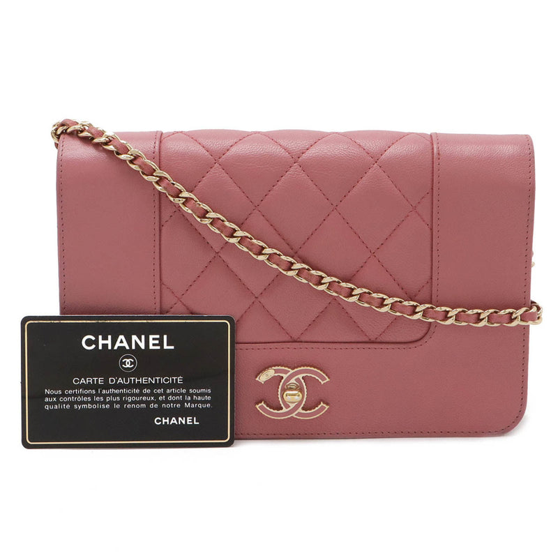 CHANEL Mademoiselle Matelasse Chain Wallet Shoulder Bag Pochette Leather Pink A80972