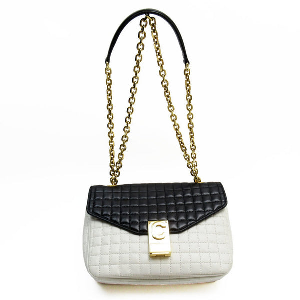 CELINE Shoulder Bag C Medium Leather White Black Gold Women's w0669a