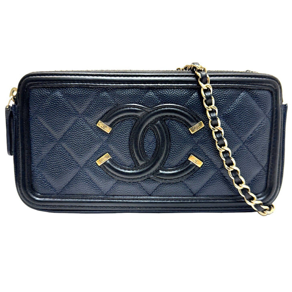 CHANEL CC Filigree Chain Wallet Bagiaskin Navy Black A84450