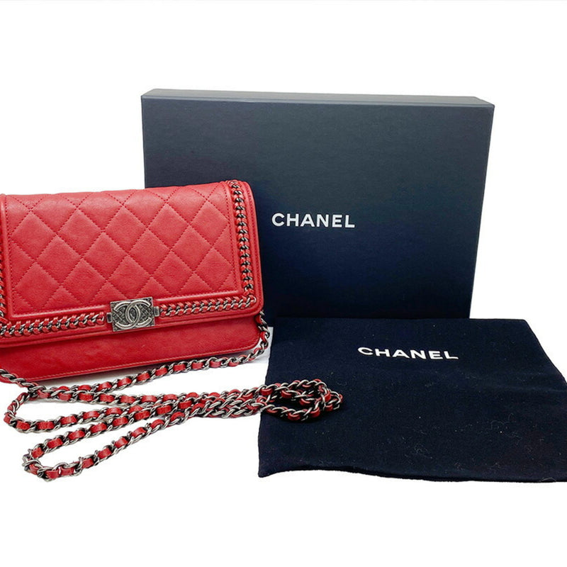 CHANEL Boy Chanel Chain Wallet Shoulder Bag Red S Hardware Lambskin Ladies