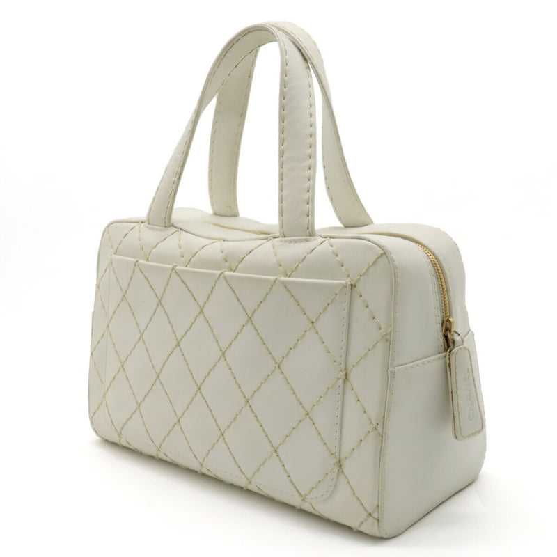 CHANEL Wild Stitch Handbag Boston Bag Leather White A14692