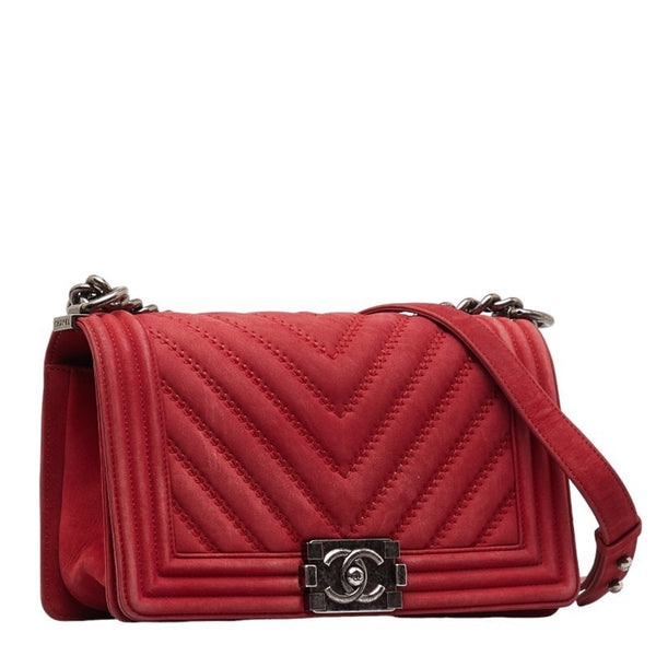 Chanel Boy Coco Mark Chain Shoulder Bag Red Silver Suede Women's CHANEL