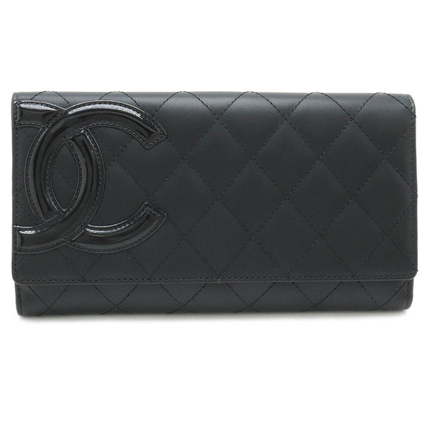 CHANEL Cambon Line Coco Mark W Long Wallet Double Bi-fold Leather Enamel Black Pink 6643