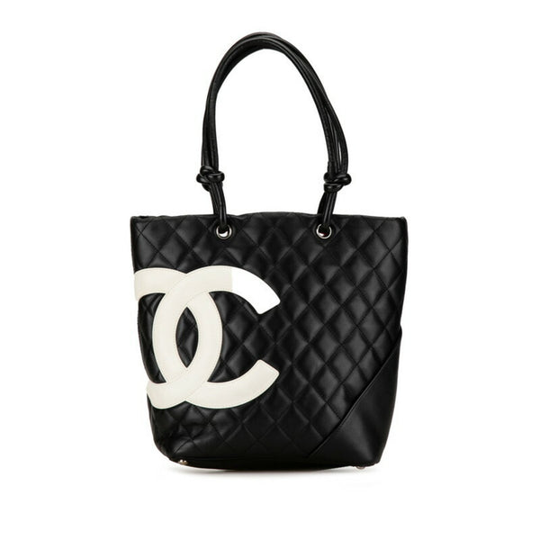 CHANEL Matelasse Deca Coco Mark Cambon Line Handbag Tote Bag Black Lambskin Women's