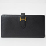 Hermes Bearn Soufflet Bi-fold Long Wallet Black Epsom Leather Women's A Stamp HERMES