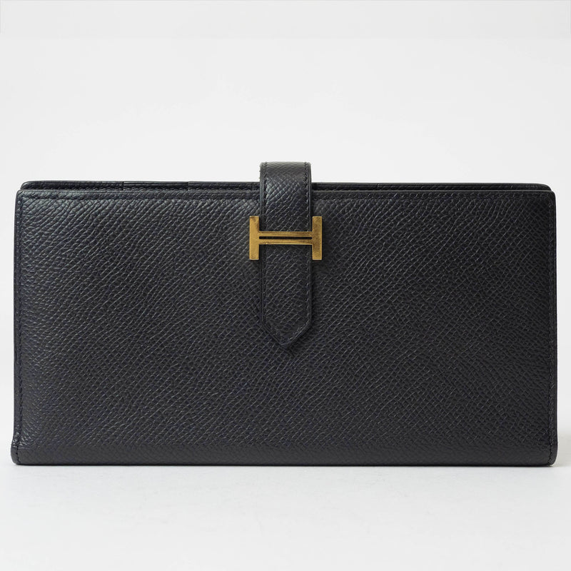 Hermes Bearn Soufflet Bi-fold Long Wallet Black Epsom Leather Women's A Stamp HERMES