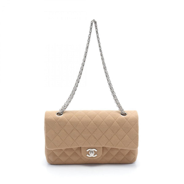 CHANEL 2.55 Matelasse Coco Mark Double Flap Shoulder Bag Cotton Jersey Women's Beige A01112