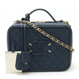 CHANEL CC Filigree Matelasse Vanity Case Handbag Chain Shoulder Caviar Skin Navy A93344