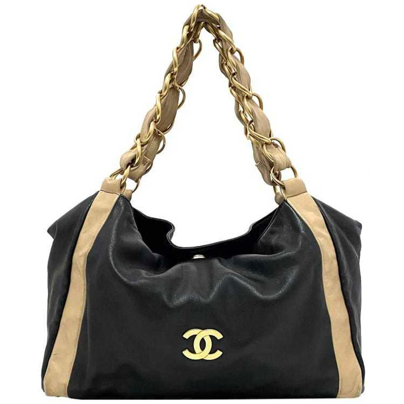 Chanel Chain Tote Bag Black Beige Gold Cocomark Leather Lambskin 7th CHANEL Big Soft