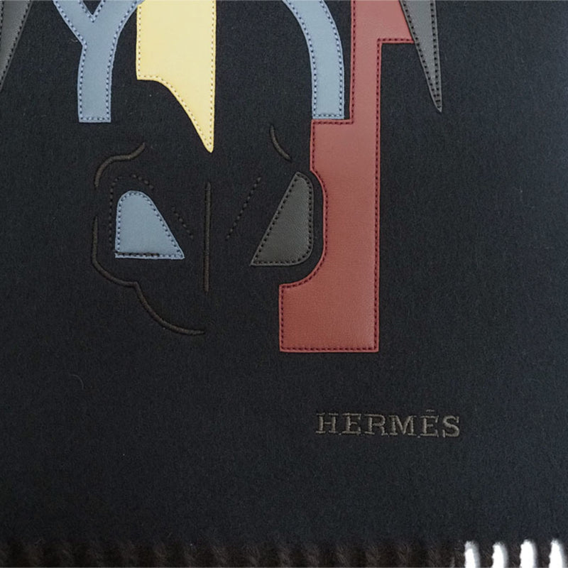 Hermes HERMES Cashmere Muffler Super H Leather Detail Reversible Black Marron H393829T Men's