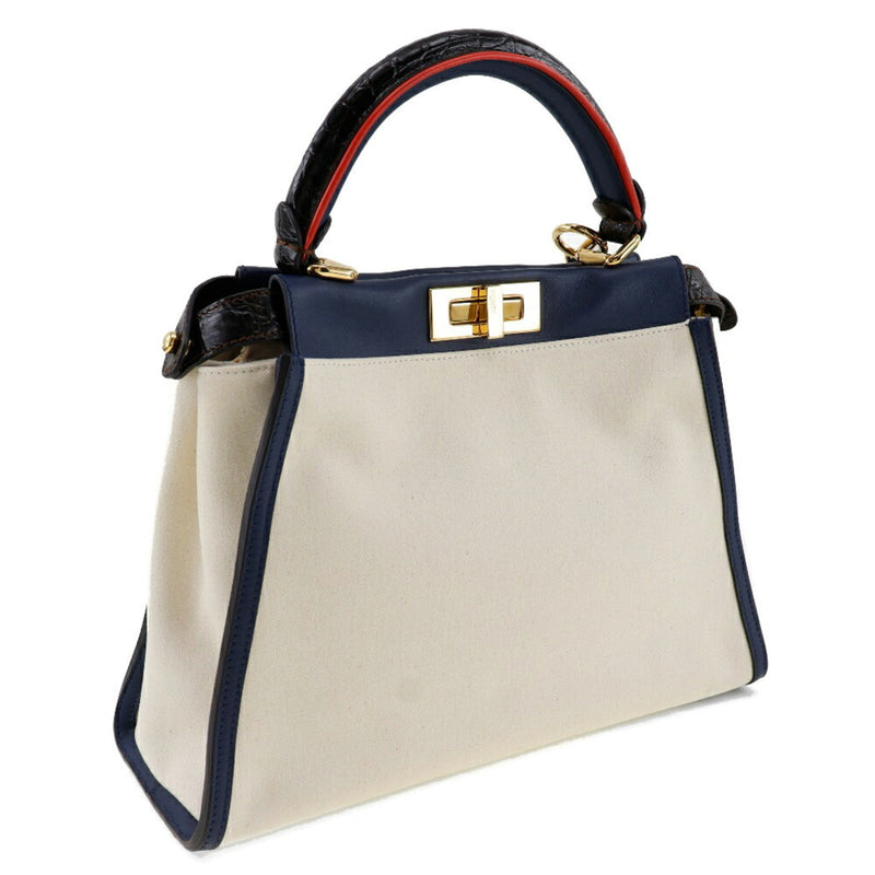 FENDI Peekaboo handbag shoulder bag 8BN290 canvas x calfskin white/navy 2way A5 turn lock women's