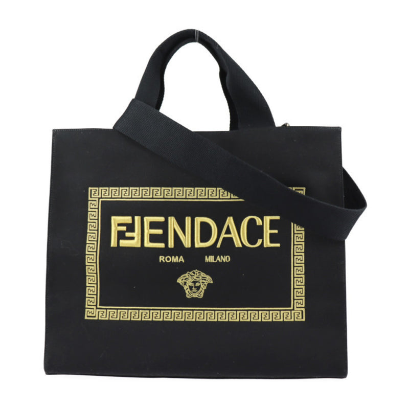 FENDI Fender Che Tote Bag 7VA558 Canvas Black Gold Versace Collaboration 2WAY Shoulder