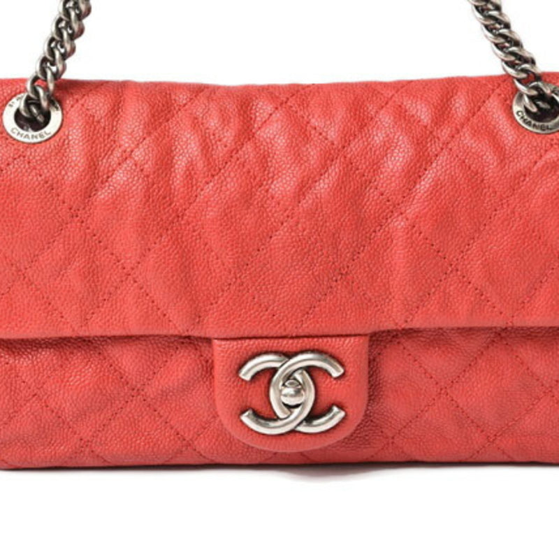 CHANEL chain shoulder bag caviar skin matelasse quilted stitch red silver