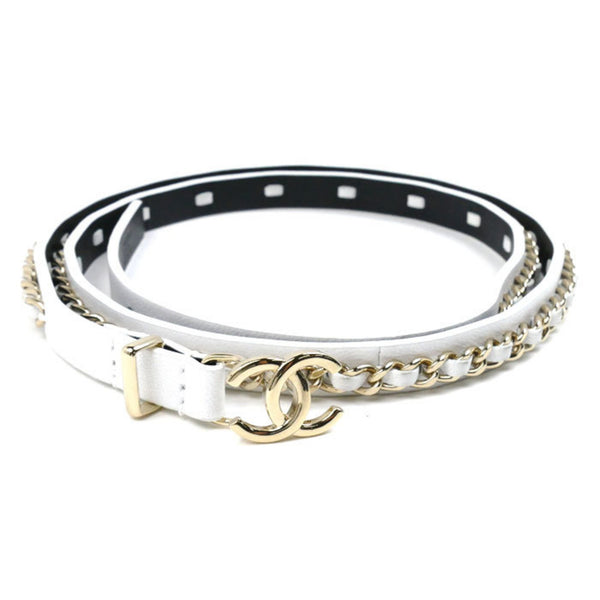 CHANEL Leather/Chain Coco Buckle Belt White Gold 75/30 Women's B22S