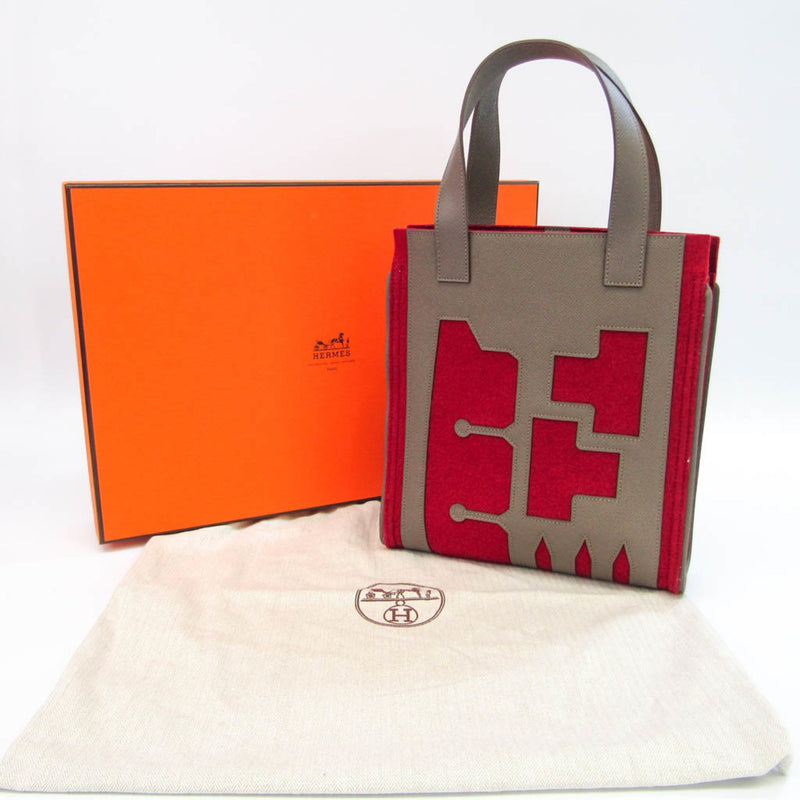 Hermes Petit H Women,Girls Epsom Leather,Felt Tote Bag Etoupe Gray,Red Color