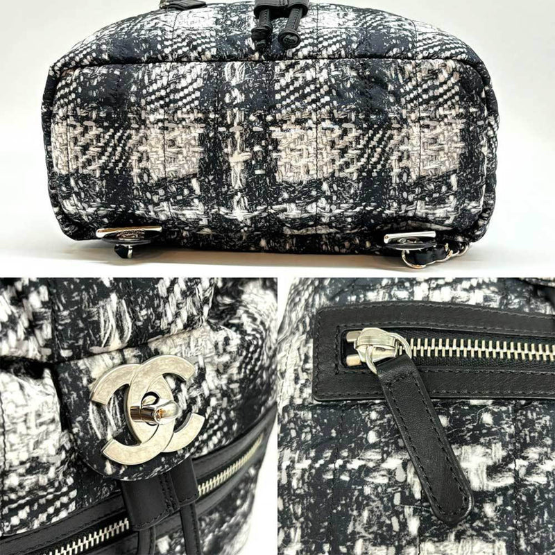 Chanel Backpack Coco Mark Nylon Tweed Pattern Black x White Silver CHANEL