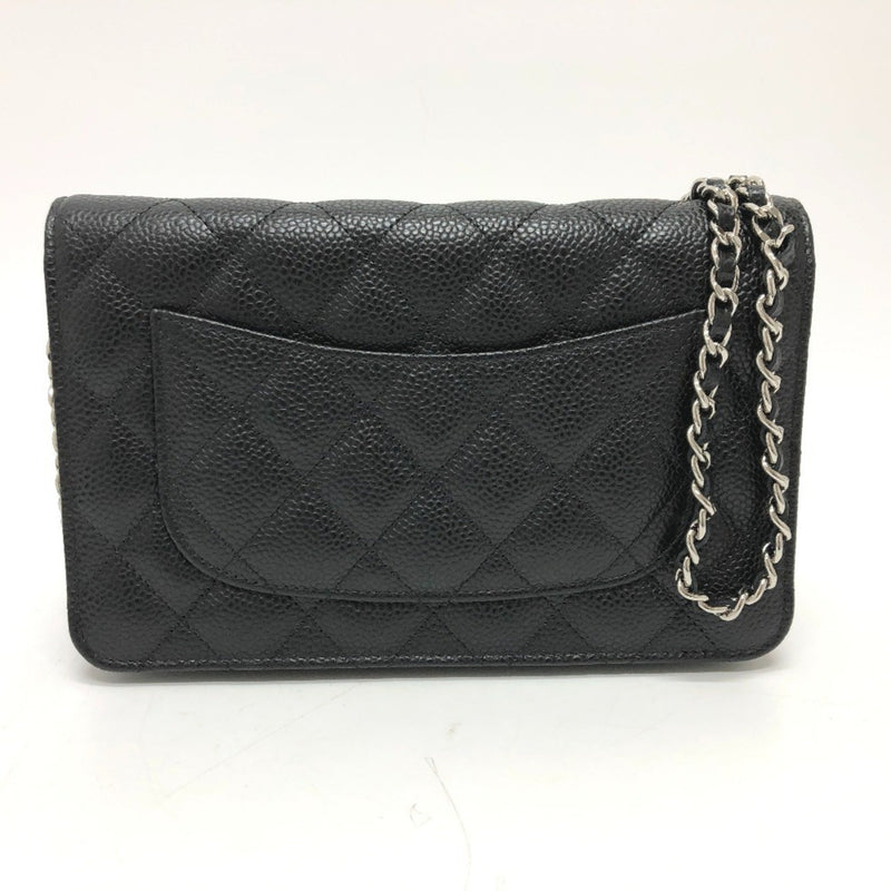 CHANEL AP0250 Matelasse Coco Mark Classic Chain Wallet Shoulder Bag Caviar Skin Women's Silver Hardware Black