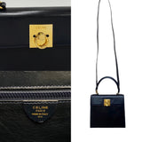 CELINE Vintage Logo Ring Metal Fittings Calf Leather Genuine 2way Handbag Shoulder Bag Navy