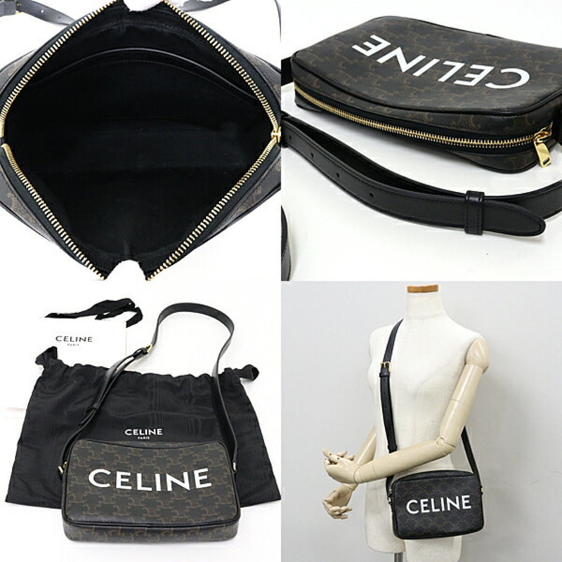 CELINE Triomphe Shoulder Bag PVC Leather Brown Black