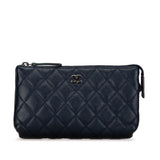 Chanel Coco Mark Pouch Navy Silver Leather Women's CHANEL