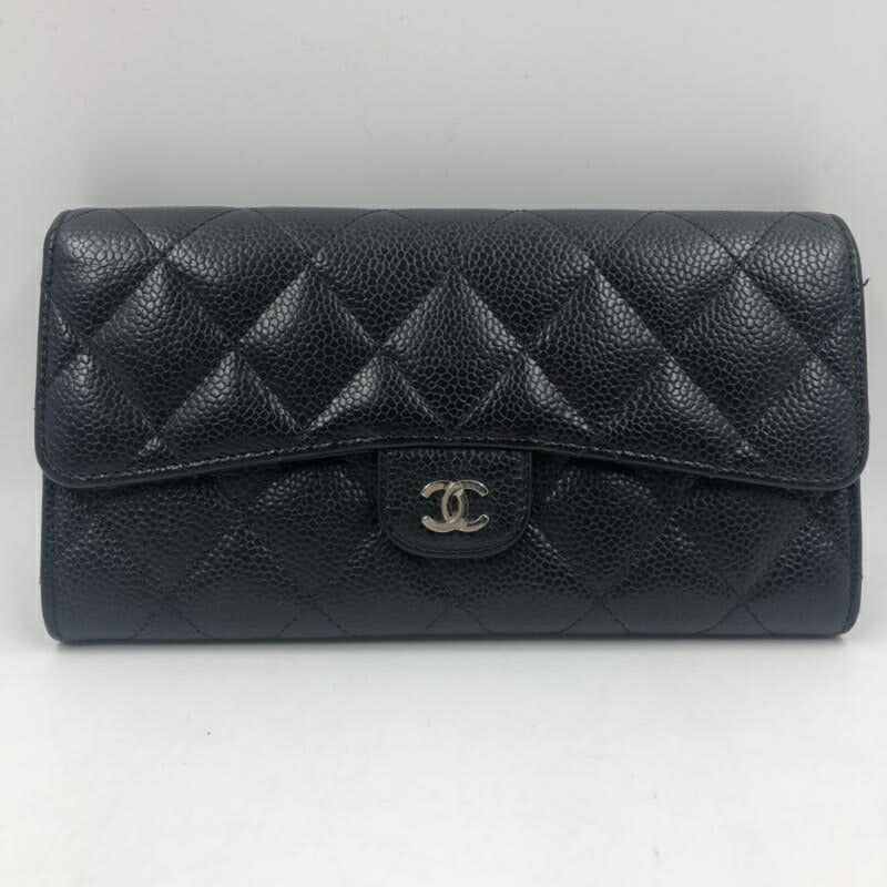 CHANEL Caviar Skin Matelasse Timeless Classic Flap Long Wallet Black A80758