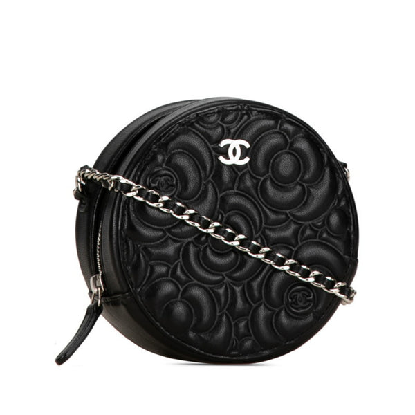 Chanel Camellia Round Chain Pochette Shoulder Bag Black Leather Women's CHANEL