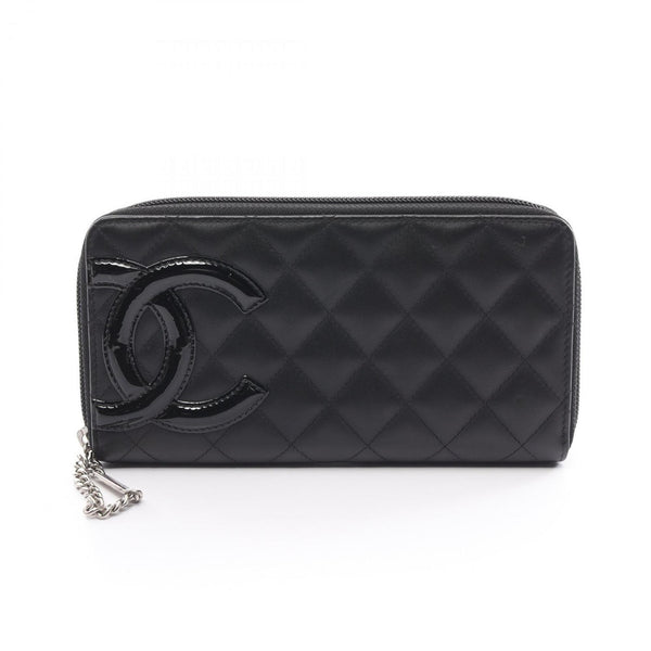 CHANEL Cambon Line Round Long Wallet Leather Patent Women's Black A50078