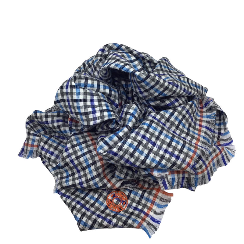 HERMES H Ecoce Stole Blue Gray Orange Scarf Muffler Haori Knee Hanging Large Gingham Check Ladies Men's Unisex Wrapping