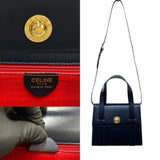 CELINE Vintage Star Ball Metal Fittings Calf Leather Genuine 2way Handbag Shoulder Bag Navy