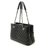 CHANEL V-stitch chevron tote bag, chain shoulder enamel leather, black A93052