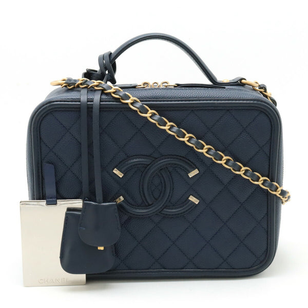 CHANEL CC Filigree Matelasse Vanity Case Handbag Chain Shoulder Caviar Skin Navy A93344