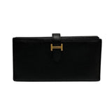 HERMES Bearn Souffle Vaux Epson Leather Genuine Bifold Long Wallet Black