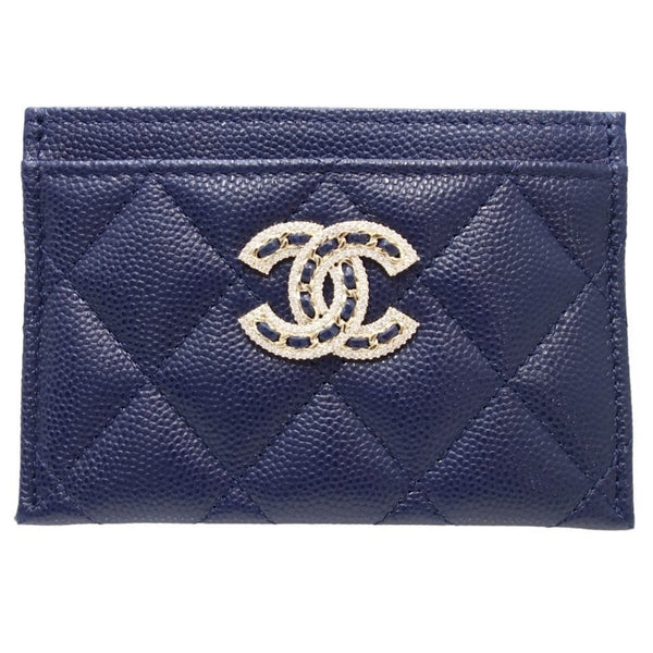 CHANEL Rhinestone Big Coco Mark AP2737 Card Case Caviar Skin Navy 083463