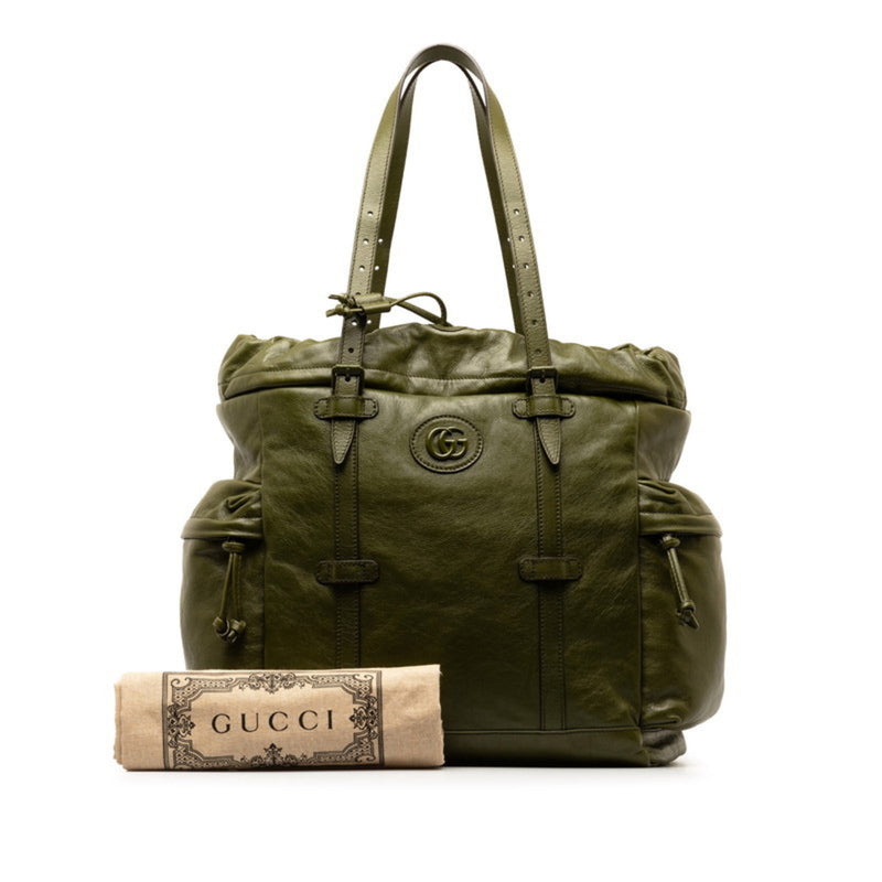 Gucci Drawstring Tote Double G Bag 725664 Khaki Leather Women's GUCCI