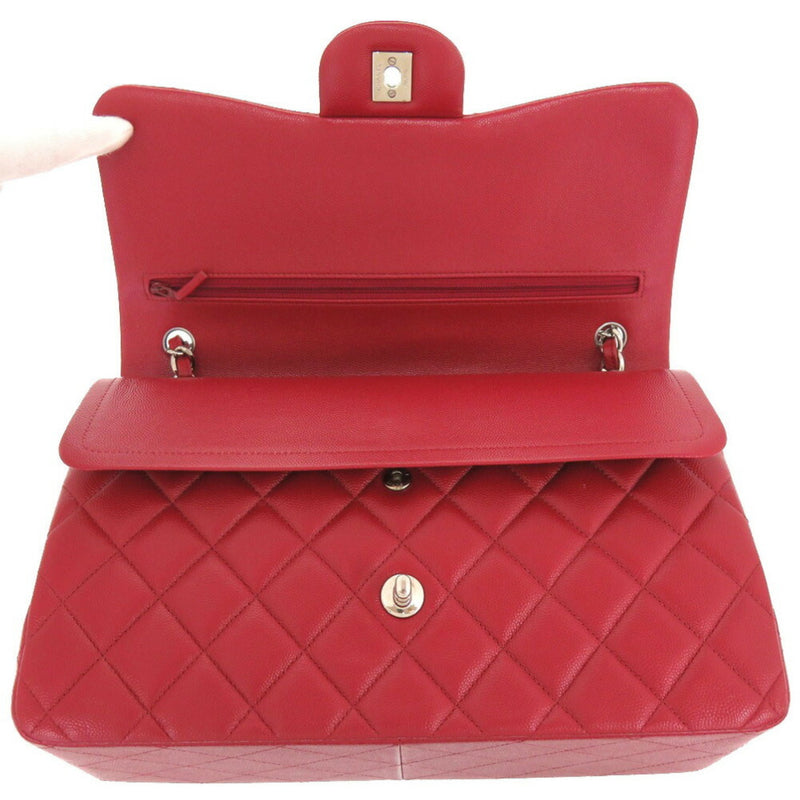 Chanel Matelasse 30 Double Flap Caviar Skin Red Silver Chain Shoulder Bag 24th Series Coco Mark Lid 0004 CHANEL