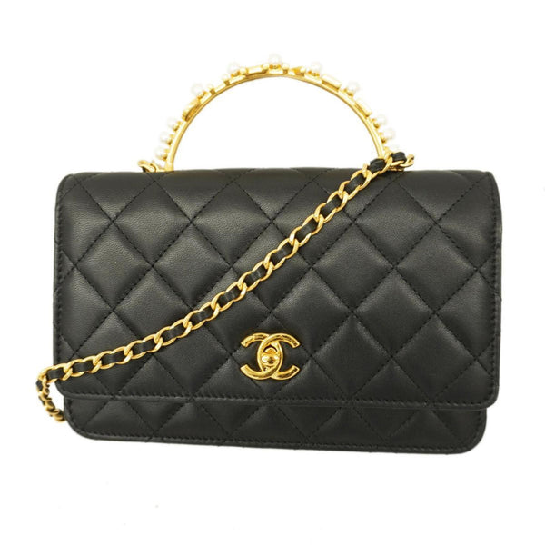 Chanel Shoulder Wallet Matelasse Chain Lambskin Black Gold Hardware Women's