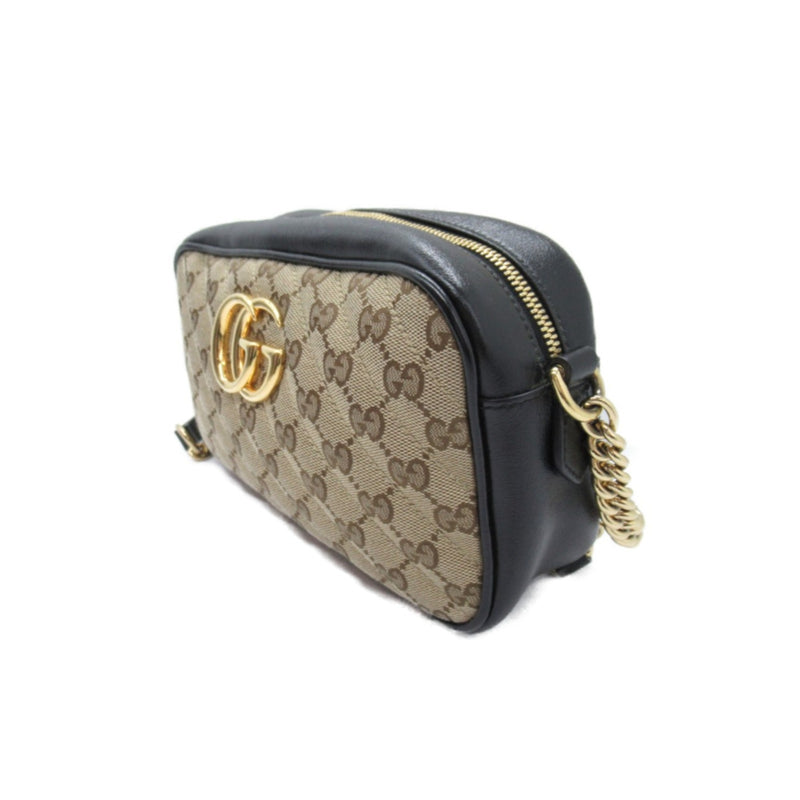 GUCCI GG Marmont Shoulder Bag Beige Black leather GG canvas 520981