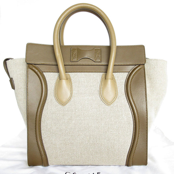 CELINE Handbag Luggage Shopper Leather Canvas Khaki Brown x Beige Men's Women's s0332f