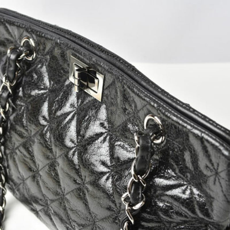 CHANEL tote bag chain patent leather quilted stitch black