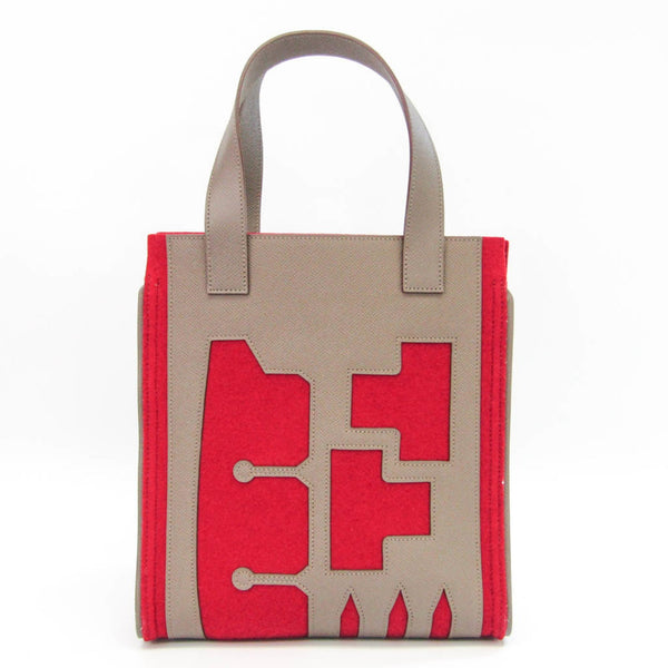 Hermes Petit H Women,Girls Epsom Leather,Felt Tote Bag Etoupe Gray,Red Color