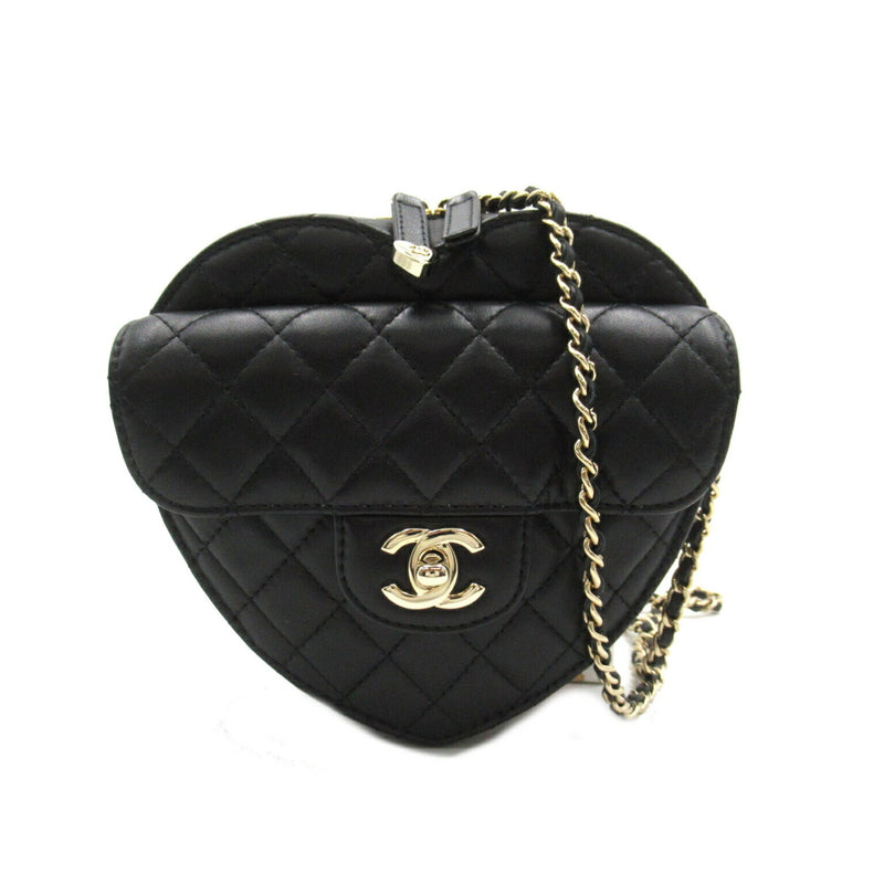 CHANEL Heart Chain Shoulder Bag, Lambskin, Women's, Black, AS3191