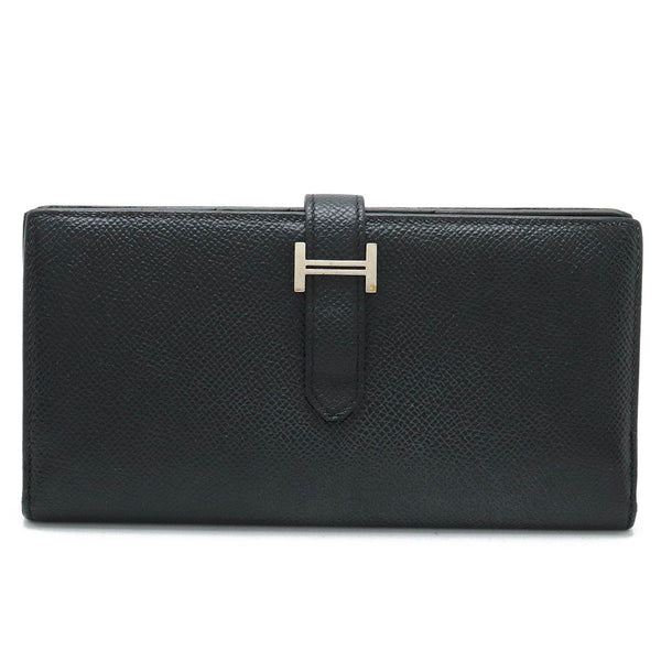 HERMES Bearn Soufflet Bi-fold Long Wallet Veau Epsom Leather Black D Stamp