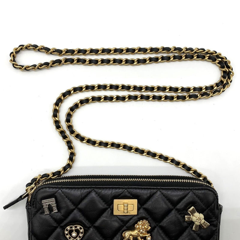 CHANEL Chanel 2.55 Chain Wallet Matelasse Lucky Charm Heart Key Ribbon Arc de Triomphe Lion Lambskin Black Women's